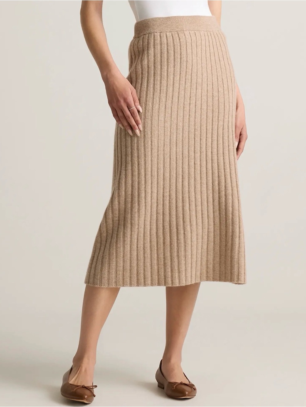 Quince Ribbed Mongolian Cashmere Midi Skirt — Beige